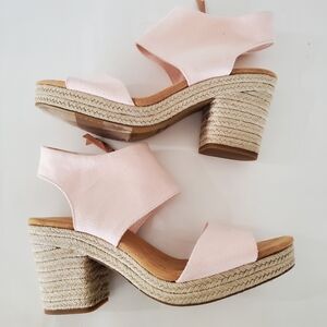 TOMS Sz 12 MAJORCA Peach Pink Canvas Platform Chunky Heel Espadrille Sandals Zip